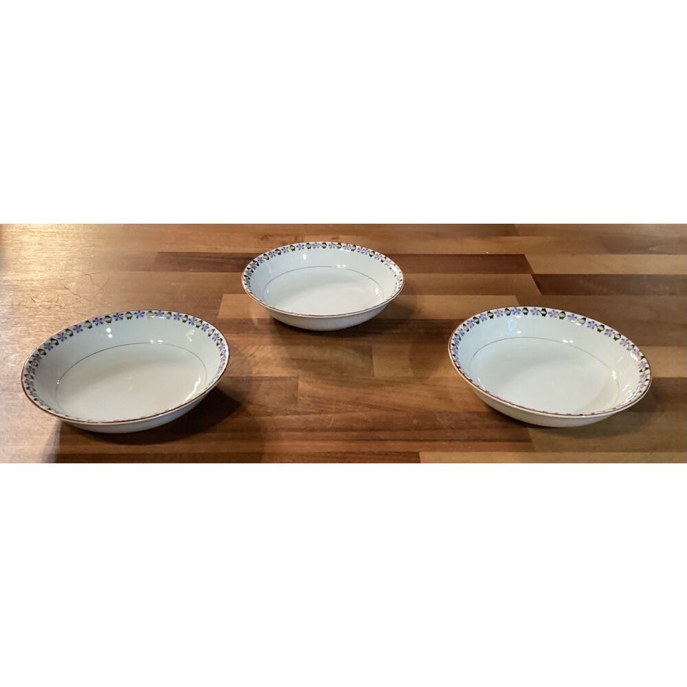 Noritake China Nippon 3 Dessert Berry Bowls 5” Blue Cornflowers Green Leaves